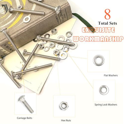 8 Sets 1/4"-20 x3 Carriage Bolts Round Head Square Neck Screws with Hex Nuts Flat Washers Spring Lock Washers 304 Stainless Steel Full Thread Coverage Square Neck Bolts Assortment Kit - size: 1/4"-20 x3"-8 Sets