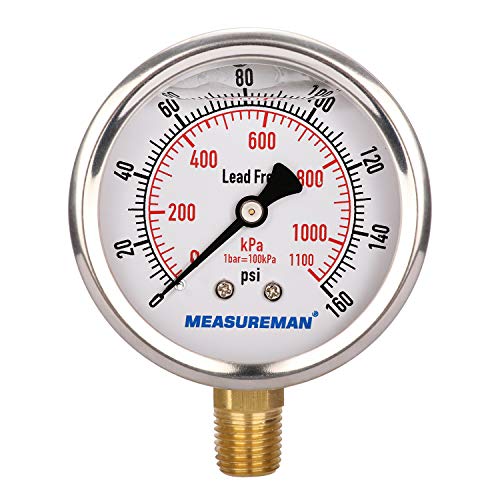 MEASUREMAN Lead-Free Pressure Gauge, 2-1/2inch Dial, Glycerin Filled, 0-160psi/kpa, Stainless Steel Case, 1/4inchNPT Lower Mount - size: 0-160 psi, style: Lower Mount(Lead-Free)