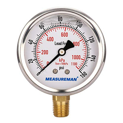 MEASUREMAN Lead-Free Pressure Gauge, 2-1/2inch Dial, Glycerin Filled, 0-160psi/kpa, Stainless Steel Case, 1/4inchNPT Lower Mount - size: 0-160 psi, style: Lower Mount(Lead-Free)