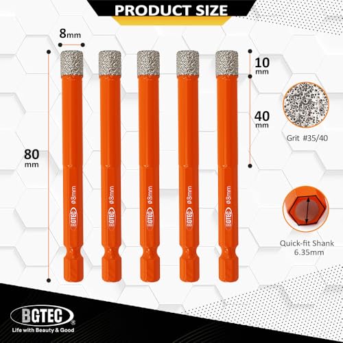 BGTEC Dry Diamond Drill Bits 5pcs 5/16" with Quick Change Hex Shank Granite Marble Porcelain Tile Ceramic - size: 08mm