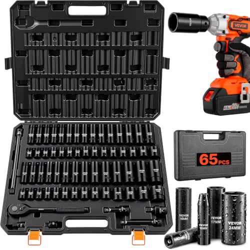 VEVOR 65-Piece 1/2" Drive Impact Socket Set, SAE (3/8" to 1-1/4") & Metric (10 to 24 mm), CR-V, Deep & Shallow, 6 Point, Ratchet Handle, Universal Joint, Adapters, Extension Bars (3, 5, 10 in) - size: 1/2" 65PCS