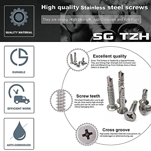 #8 x 2 Sheet Metal Screws 100Pcs 410 Stainless Steel Flat Head Tek Screws Fast Self Tapping Screws by SG TZH - size: #8 x 2"