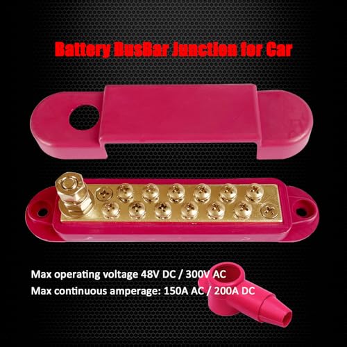 Ampper 1/4" Stud Brass Power Distribution Block BusBar 12 x #8 Screw, Red - color: Red, size: Brass
