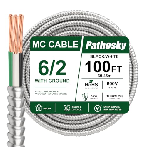 6/2 MC Cable 100 FT, Aluminum Armored Electrical Wire with Ground, 6 Gauge THHN/THWN Copper Conductors, 600V 90°C Dry Rated UL Listed - color: 100 FT, size: 6AWG/2