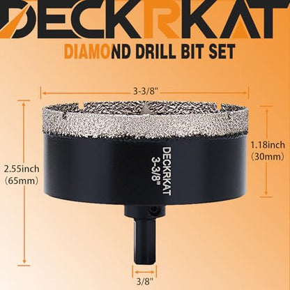 DECKRKAT 3-3/8"Diamond Hole-Saw Bits with Pilot Drill Bit - 3-3/8"Diamond Tipped Tile Hole Saws with Guiding Bit Accurate Drilling for Porcelain Tile Ceramic Pottery Granite Stone Glass Bottles 85mm - size: 3-3/8"