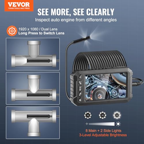 VEVOR Endoscope Camera with Light, Triple Lens Borescope with 49.2FT Semi-Rigid Cable, 5" Screen 1080P Inspection Camera, 8 + 2 LED Lights, IP67 Waterproof Snake Cameras for Auto, Plumbing (32GB Card) - size: 49.2FT