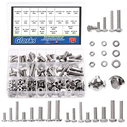 Glarks 272Pcs Phillips Pan Head Screws & Outer Hexagon Screws with Hex Nuts and Flat Washers Lock Washers Assortment Kit, 304 Stainless Steel Hardware Machine Screws Assortment Set with Storage Case - size: 1/4-20, 5/16-18, 1/4, 5/16, 3/8-16