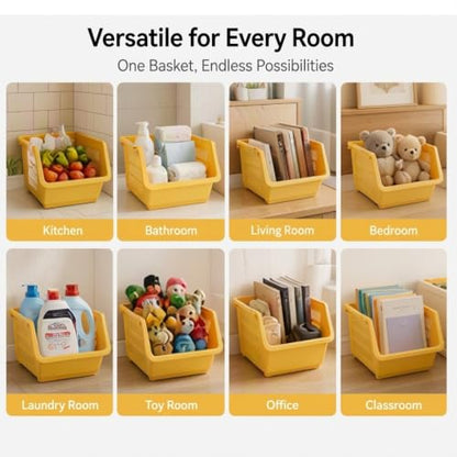 4 Pcs Open Front Stackable Storage Bins, PP Stacking Organizer Baskets with Rolling Wheels, Telescopic Buckles, Nestable, 38.58lbs Load - color: Yellow
