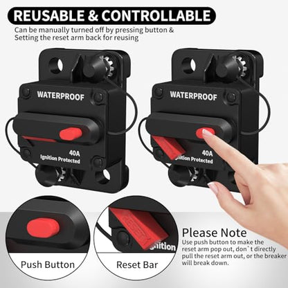 DaierTek 40 Amp Circuit Breaker 12V - 48V, 12 Volt DC Circuit Breaker 40A Waterproof with Manual Reset Inline for Marine Boat Automotive Car Truck RV ATV UTV Audio -2Pack - color: 40A