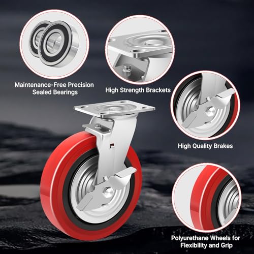 Nefish 8 Inch Heavy Duty Casters Wheels, Industrial Grade Polyurethane Casters Set of 4 with Dual Ball Bearing, Solid Polyurethane Wheel 6000 Lb, Plate Swivel Casters for Cart, Industrial, Machine - style: 8 IN (4 Brakes)