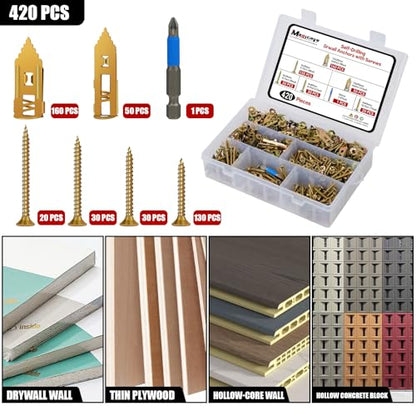 420 Pcs Self Drilling Drywall Anchors with Screws Kit, 2 Sizes Drywall Anchors and 4 Sizes Zinc Plated Screws, Holds Up to 100lbs, No Pre-Drill Needed, for TV, Shelf Straps, Picture Frames - size: 2 Sizes-420 PCS