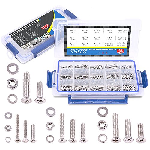 Glarks 665Pcs 304 Stainless Steel M3 M4 M5 M6 Phillips Flat Head Machine Screws Bolts Nuts and Flat Gasket Spring Washers Assortment Set, Full Thread - style: Flat head screws
