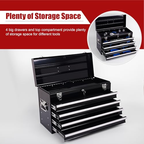 Heavy Duty Metal Tool Box, 21-inch, Portable Metal Tool Box with 4 Drawers, Small Tool Chest with EVA Liners, Ball Bearing Slide Drawers Locking & Powder Coated Finish, Multi-Function Tool Organizer - color: Tool Box-black