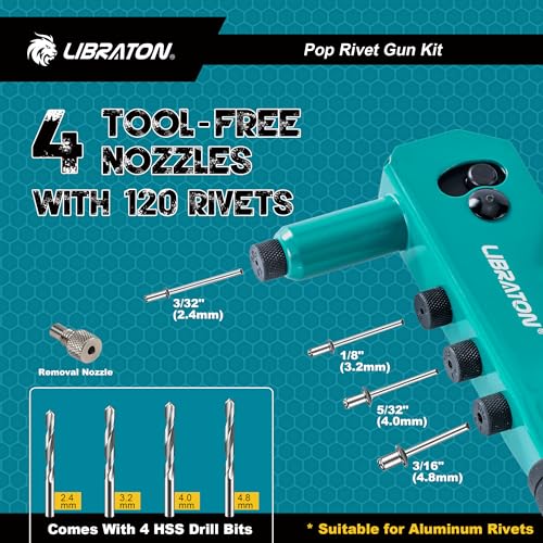 LIBRATON Rivet Gun Kit, Pop Rivet Gun, Heavy Duty Rivet Tool, Hand Riveter - size: 120-Rivet Automotive Kit