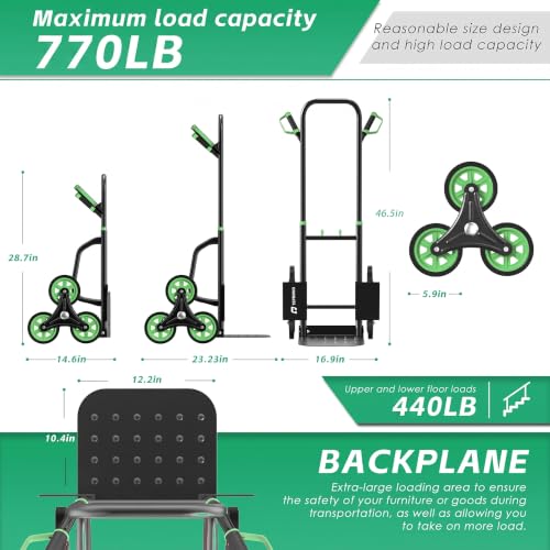 Teprovo Stair Climbing Hand Truck 770lb，Heavy Duty Dolly Cart for Stairs，Thickened Upgraded Steel Tube Folding Stair Climbing Trolley with Six Wheels and Telescoping Handle - color: Green