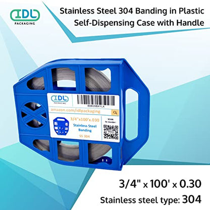IDL Packaging 3/4" x 100' x .030" Stainless Steel 304 Banding in Plastic Self-Dispensed Case - Salts, Chemicals, Moisture, UV Rays, and Extreme Temperatures Resistant Banding with High Break Strength - size: 3/4" x 100' x 0.030", style: 304 stainless stee