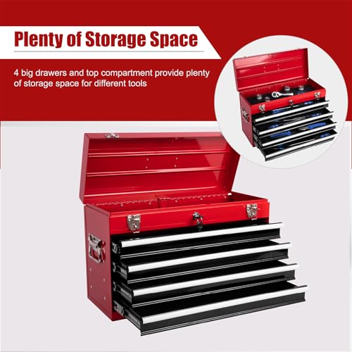 Heavy Duty Metal Tool Box, 21-inch, Portable Metal Tool Box with 4 Drawers, Small Tool Chest with EVA Liners, Ball Bearing Slide Drawers Locking & Powder Coated Finish, Multi-Function Tool Organizer - color: Tool Box-black&red