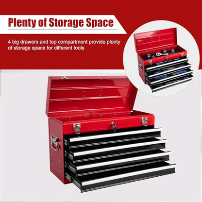 Heavy Duty Metal Tool Box, 21-inch, Portable Metal Tool Box with 4 Drawers, Small Tool Chest with EVA Liners, Ball Bearing Slide Drawers Locking & Powder Coated Finish, Multi-Function Tool Organizer - color: Tool Box-black&red