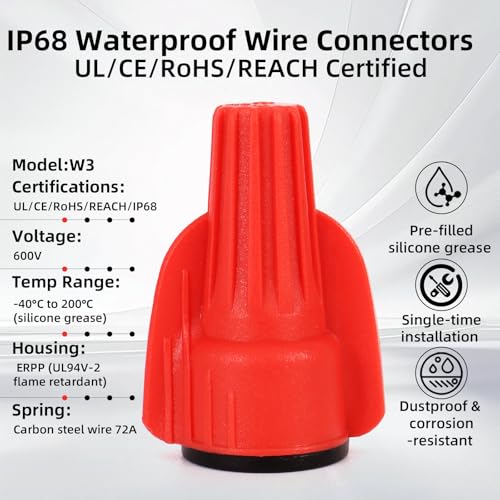Lenporl 50PCS Waterproof Wire Connectors 18-10AWG, Silicone-Filled Waterproof Wire Nuts for Landscape Lighting & Electrical Connections, Low Voltage Wire Connector for Irrigation, Wet and Dusty - color: Red