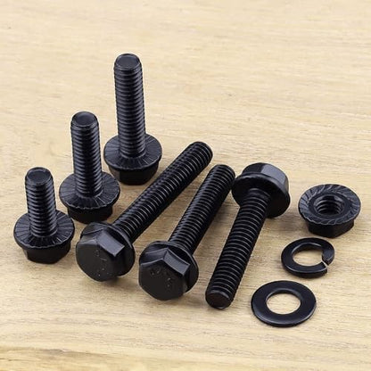 12-Sets 5/16-18 x 1-1/2" Hex Flange Bolts & Flange Nuts Combo Kit with Flat and Lock Washers- 304 Stainless Steel 18/8, Black Coated, for Heavy Duty Applications - size: 5/16-18 x 1-1/2"