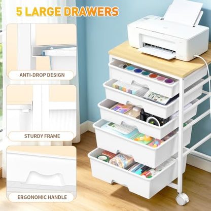 SUNALLY Rolling Carts With 5 Drawers, Storage Drawer Carts for Craft, White - color: White