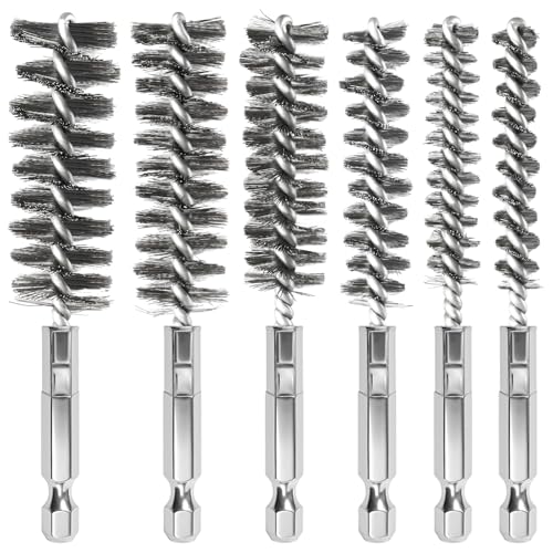 6 PCS Stainless Steel Bore Brush Set, Multiple Sizes (8-19mm), Wire Brush for Drill with 1/4" Hex Shank, Twisted Wire Bristles for Tube Cleaning