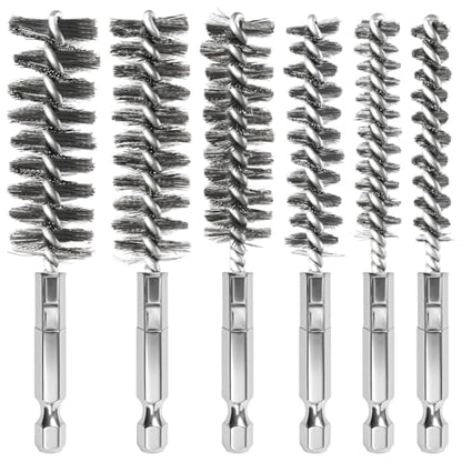 6 PCS Stainless Steel Bore Brush Set, Multiple Sizes (8-19mm), Wire Brush for Drill with 1/4" Hex Shank, Twisted Wire Bristles for Tube Cleaning