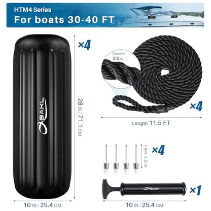 4 Pack 10 x 28 Inches Boat Fenders Bumpers for Docking - color: Obsidian Black