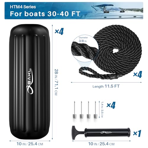 4 Pack 10 x 28 Inches Boat Fenders Bumpers for Docking - color: Obsidian Black