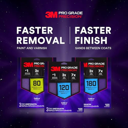 3M Pro Grade Precision Faster Sanding Sheets, NO-Slip Grip Backing, Assorted Grits 80/120/180, 9" x 11", 3 Sheets Each, 9 Total - style: Assorted Grits 80/120/180, 3 Sheets Each, 9" x 11"