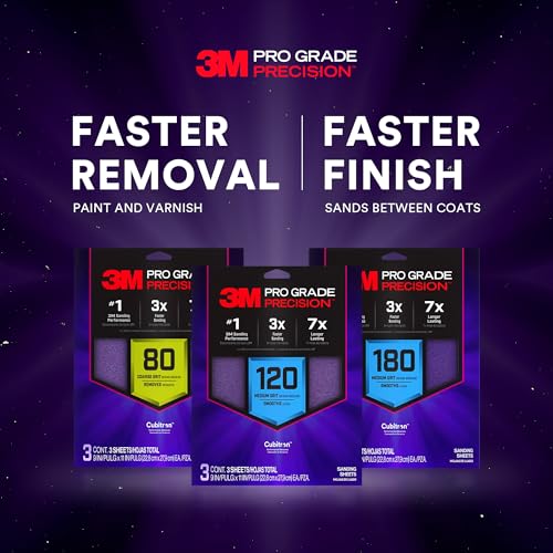 3M Pro Grade Precision Faster Sanding Sheets, NO-Slip Grip Backing, Assorted Grits 80/120/180, 9" x 11", 3 Sheets Each, 9 Total - style: Assorted Grits 80/120/180, 3 Sheets Each, 9" x 11"