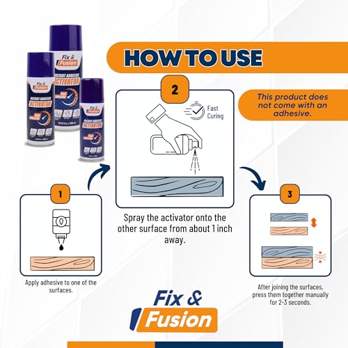FIX & FUSION Activator Spray (3.38 Fl Oz), Instant Cure Accelerator for Cyanoacrylate (CA) Super Glue for Wood, Plastic, Rubber, Granite, and DIY & Professional, Accelerates Bonding Strength, (6 Pack) - size: 3.38 fl oz (100 ml)