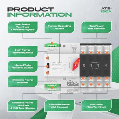 Automatic Transfer Switch 100A AC110V, Dual Power ATS 4P Automatic/Manual Transfer Switch din Rail mounting for Home Generator, RV，Public/Backup Power Supply - size: Automatic Transfer Switch 4P 110V