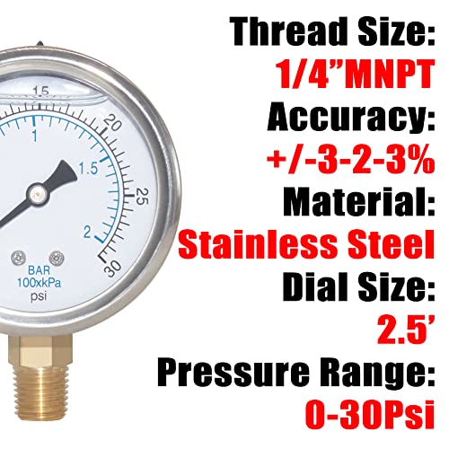 2-1/2" Dial 1/4" NPT 0~30Psi 304 Stainless Steel Glycerin Filled Pressure Gauge Bottom Mount - size: 0-30Psi (liquid filled), style: Lower Mount-1/4"NPT