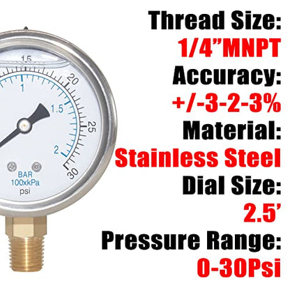 2-1/2" Dial 1/4" NPT 0~30Psi 304 Stainless Steel Glycerin Filled Pressure Gauge Bottom Mount - size: 0-30Psi (liquid filled), style: Lower Mount-1/4"NPT