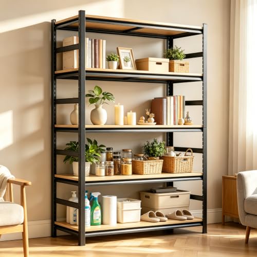 Metal Book Shelf, Adjustable Tall Bookcase, No Assembly Storage Shelves - size: Wood-28''Wx 12''Dx 63''H