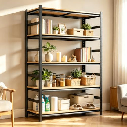 Metal Book Shelf, Adjustable Tall Bookcase, No Assembly Storage Shelves - size: Wood-28''Wx 12''Dx 63''H
