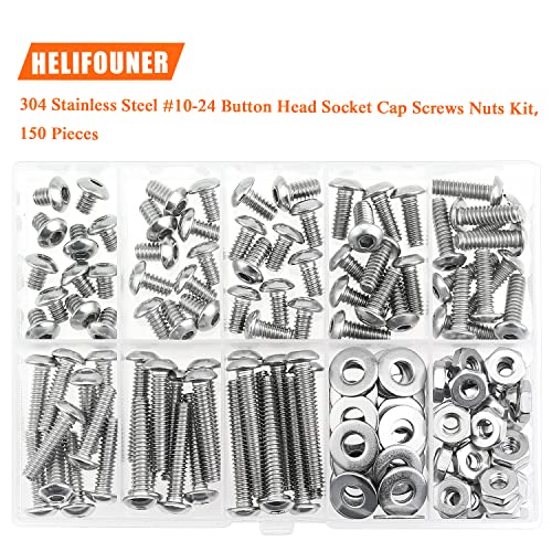 HELIFOUNER 150 Pieces #10-24 x 1/4" 5/16" 3/8" 1/2" 5/8" 3/4" 1" 1-1/4", Button Head Socket Cap Screws Bolts Washers Nuts Kit, Coarse Thread, Fully Machine Threaded, 304 Stainless Steel - size: #10-24, style: Button Head