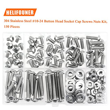 HELIFOUNER 150 Pieces #10-24 x 1/4" 5/16" 3/8" 1/2" 5/8" 3/4" 1" 1-1/4", Button Head Socket Cap Screws Bolts Washers Nuts Kit, Coarse Thread, Fully Machine Threaded, 304 Stainless Steel - size: #10-24, style: Button Head