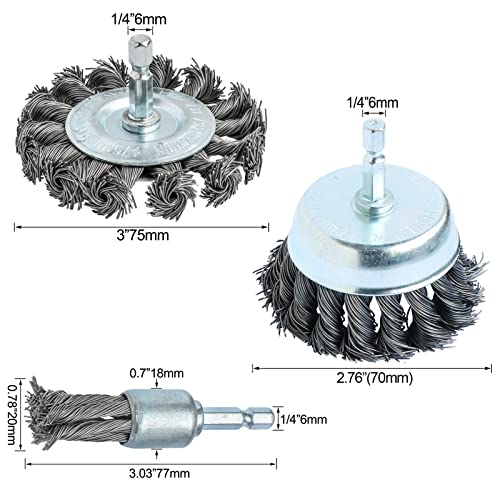 FPPO 3PCS 3 Inch Knotted Wire Wheel Cup Brush and Twist End Brush Set,1/4" Shank for Drill,Perfect for Rust Removal, Corrosion and Paint - size: 3 inches