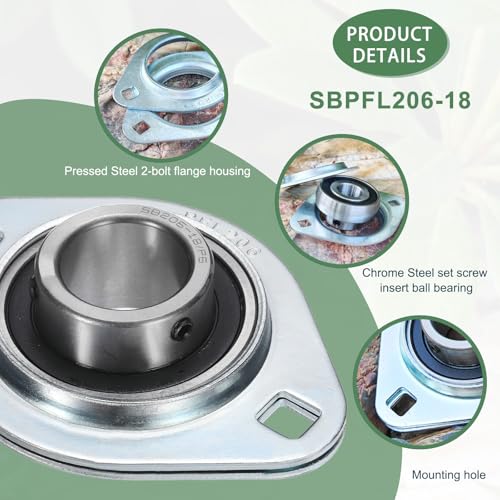 1-1/8" Pressed Steel 2-Bolt Flange Bearing, SBPFL206-18 with Wrench - size: SBPFL206-18( ID:1-1/8")