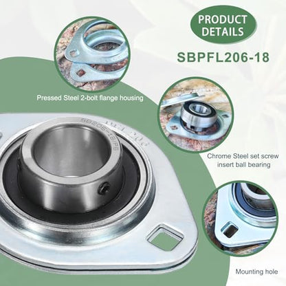 1-1/8" Pressed Steel 2-Bolt Flange Bearing, SBPFL206-18 with Wrench - size: SBPFL206-18( ID:1-1/8")