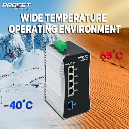 PROCET Gigabit PoE Switch 4-Port Din Rail, 90W/Port, Industrial PoE++ Fiber Media Converter with Wide Temp -40°F to 149°F, SFP Slot, AC/DC Input, IEEE802.3af/802.3at/802.3bt, PT-PIS4PB1S-AC