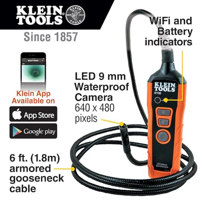 Klein Tools ET20 Wi-Fi Borescope, 9 mm 6-Foot Armored Waterproof Gooseneck Snake, LED Lights, Rechargeable Battery, Endoscope Inspection Camera - size: 6 Ft 0.35 in Armored Snake