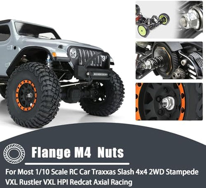 Flange M4 Lock Nuts Aluminum Alloy Serrated Nylon Self-Tightening M4 Wheel Hardware for Traxxas Redcat Arrma Axial HPI TLR ECX Model RC Car Crawler Truck Buggy Upgraded Parts, 4 Pcs - color: Green, size: 4Pcs