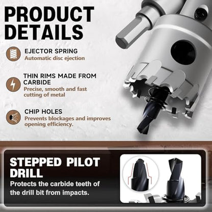 Metal Hole Saw 1-1/8"(28mm) 2Pcs Set Heavy Duty Tungsten Carbide Tipped Hole Cutters Set with a nitrided Step Drill and L-flench, for Steel Iron,Aluminum,Stainless stell,Plastic - size: 1-1/8"(28mm)-2PCS