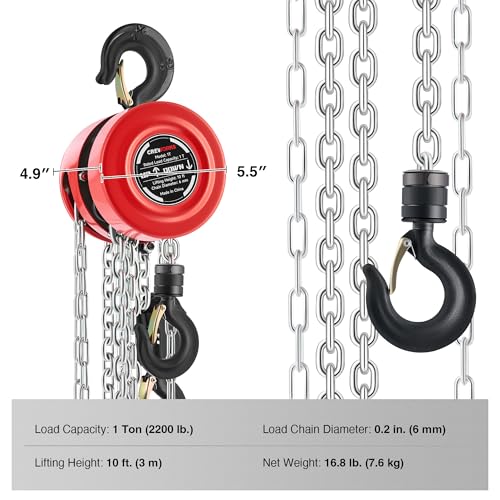 CREWORKS Hand Chain Hoist, 1 Ton 2200 lb Capacity 10 ft Manual Chain Hoist with G80 Load Chain & Galvanized Hand Chain, Heavy Duty Manual Lever Hoist for Construction Warehouse Automotive Factory - style: Round Hand chain hoist, 1 Ton, 10FT