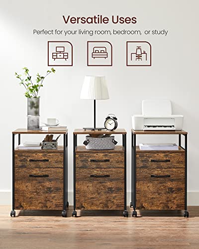 VASAGLE 2 Drawer File Cabinet, Rolling Printer Stand - color: Rustic Brown + Ink Black, size: with Open Shelf