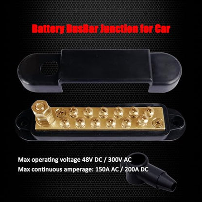 Ampper 1/4" Stud Brass Power Distribution Block BusBar 12 x #8 Screw, Black - color: Black, size: Brass