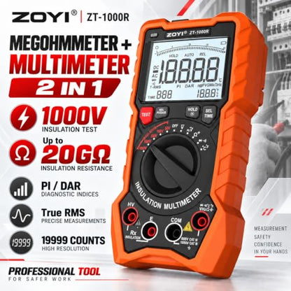 ZOYI ZT-1000R 2 in 1 Megohmmeter Multimeter, 50V/100V/250V/500V/1000V 5 Gear with DAR&PI, Insulation Resistance up to 20GΩ, 19999 Counts Auto Range T-RMS, V,Ω,C,FREQ,Temp, Diode,Continuity Tester